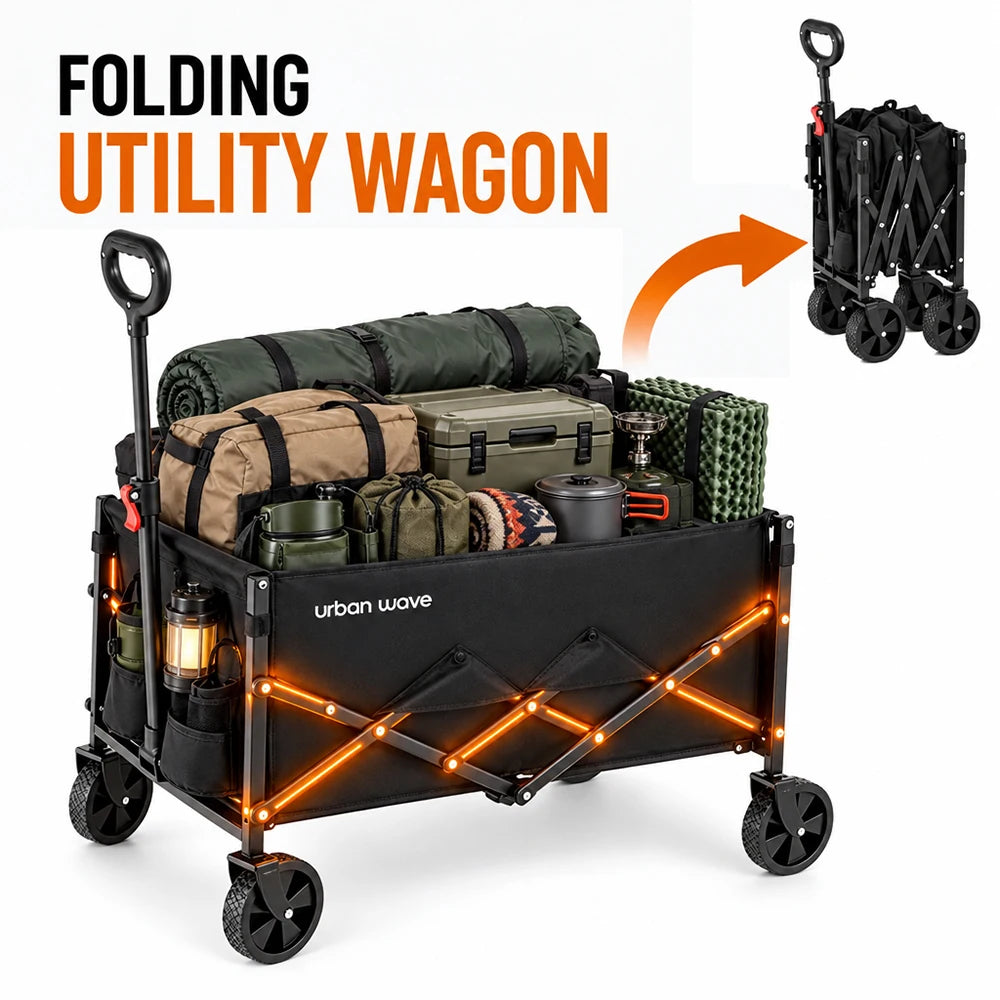URBANWAVE Lightweight Collapsible Wagon, 450lbsCapacity, Quick-Fold Cart Lightweight foldable wagon cartwith steel frame, tool-free setup and auto-reboundhandle for shopping and camping.