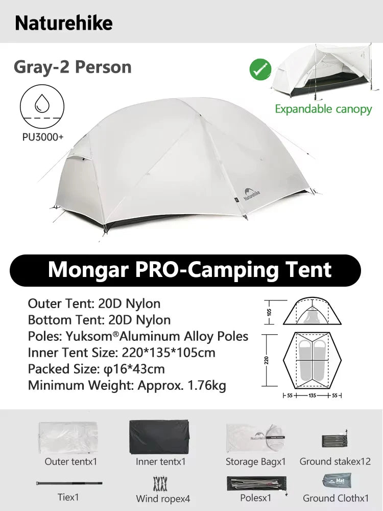 Naturehike Mongar 2 UL/PRO/Base Tent Camping 1-3 Person Tent Outdoor Travel 15D Waterproof Ultralight Backpacking Shelter Tent