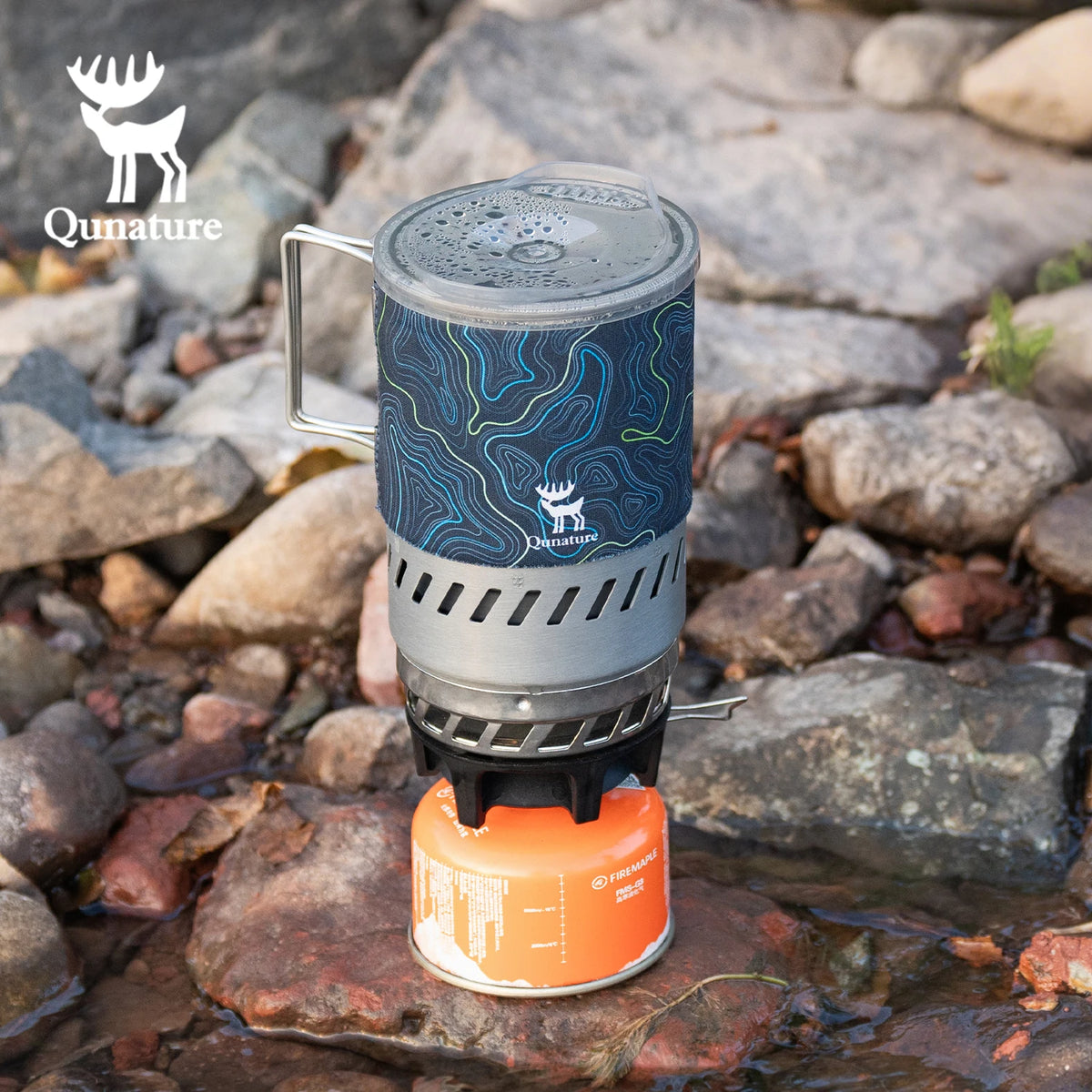 Qunature Outdoor Gas Stove Pot Cooking System Portable 600ml Lightweight Integrated Heat Hiking Gas Cooker Foldable Handle