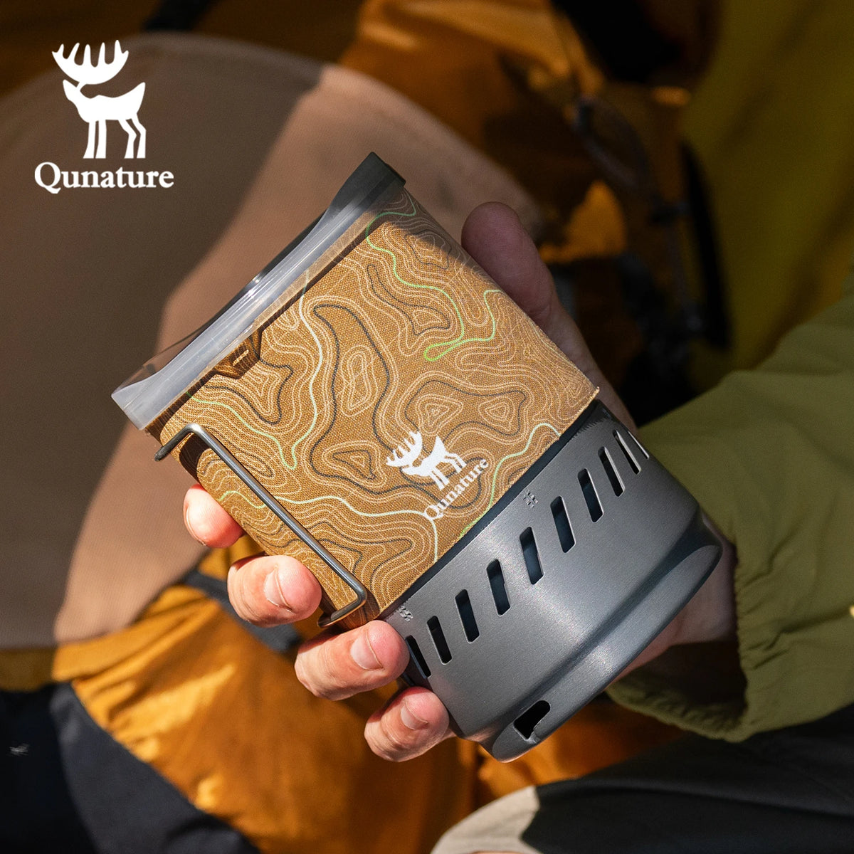 Qunature Outdoor Gas Stove Pot Cooking System Portable 600ml Lightweight Integrated Heat Hiking Gas Cooker Foldable Handle