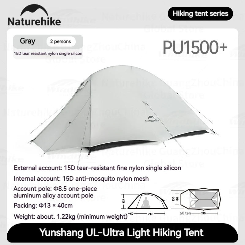 Naturehike Cloud Up UL Tent Ultralight 1-2 Person 15D Nylon Waterproof Camping Single Double Backpacking Hiking Tent with Mat
