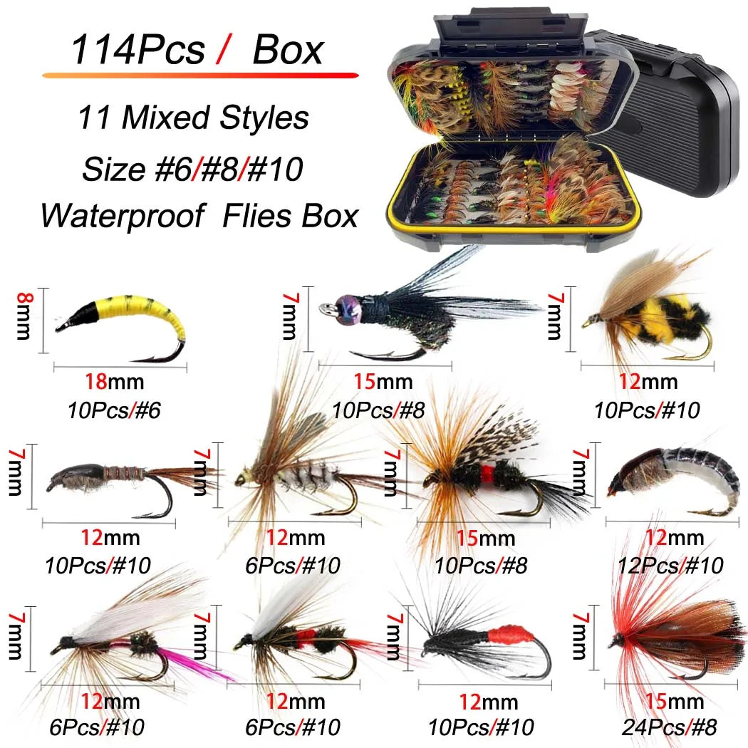 Fly Fishing Flies Kit Fly Assortment Trout Bass Fishing with Fly Box,24/30/40/54/84/102/114pcs with Dry/Wet Flies, Nymphs, Strea