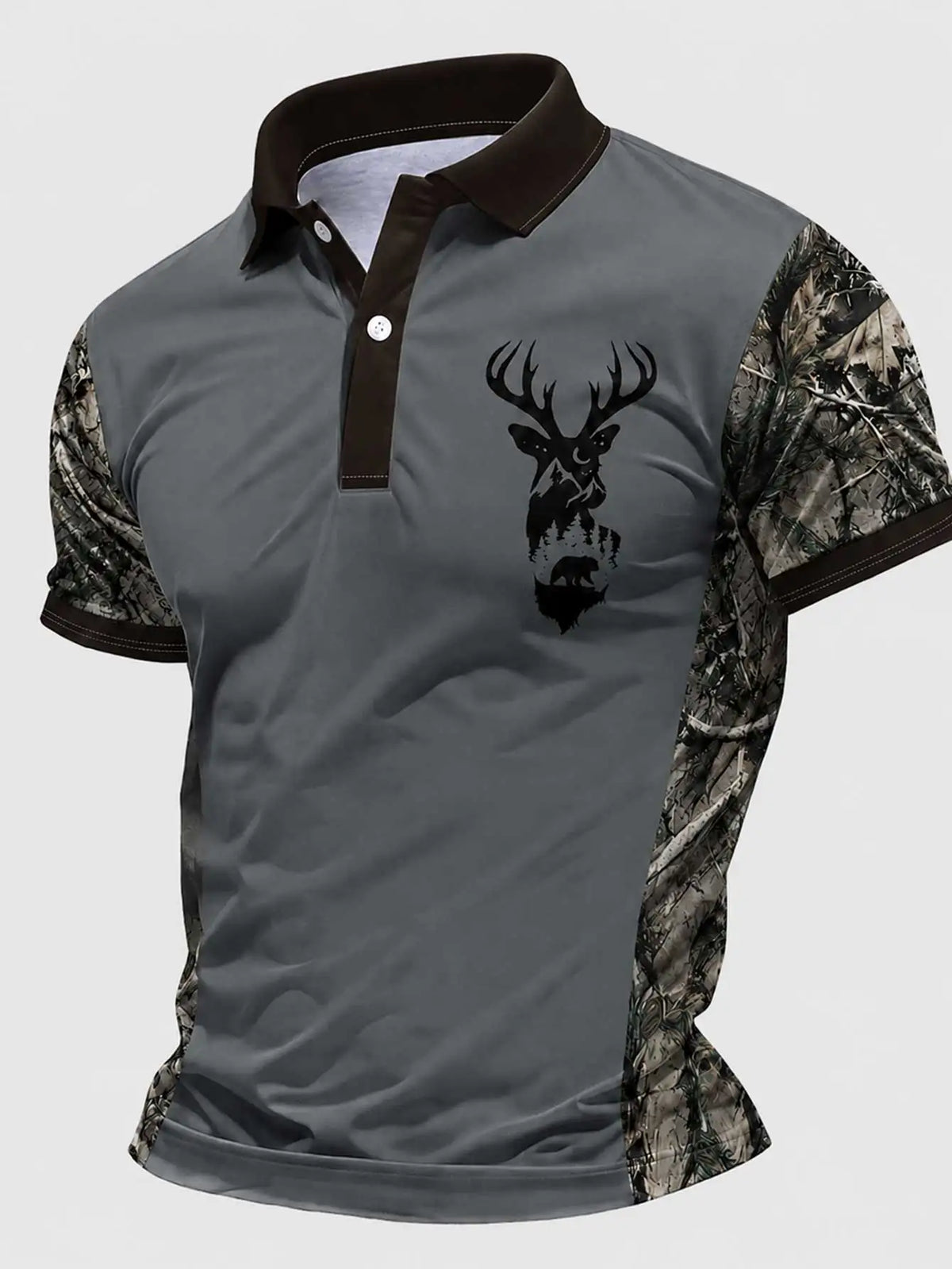 Men's Casual Deer Head Print Short-Sleeved Buttoned Polo Shirt Spring Summer and Autumn Fashionable Polo Shirt Suitable for Goi