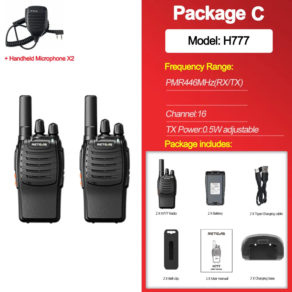 Retevis H777 2pcs Walkie Talkie Clear Sound Quality Portable Walkie Talkies Long Range Type-C Two Way Radio for Cycling Camping