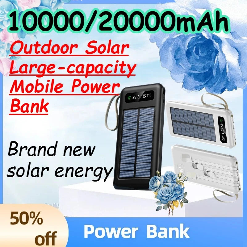50000mah Outdoor Solar Power Bank Portable Charging Station Power Banks Original 10000/20000mAh Built‑in Cable