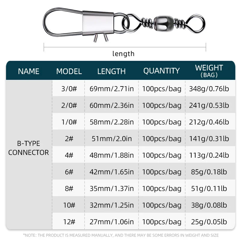 100pcs/lot Fishing Connector Bearing Rolling Swivel Snap Fishhook Lure Connector Tackle Accessories ﻿