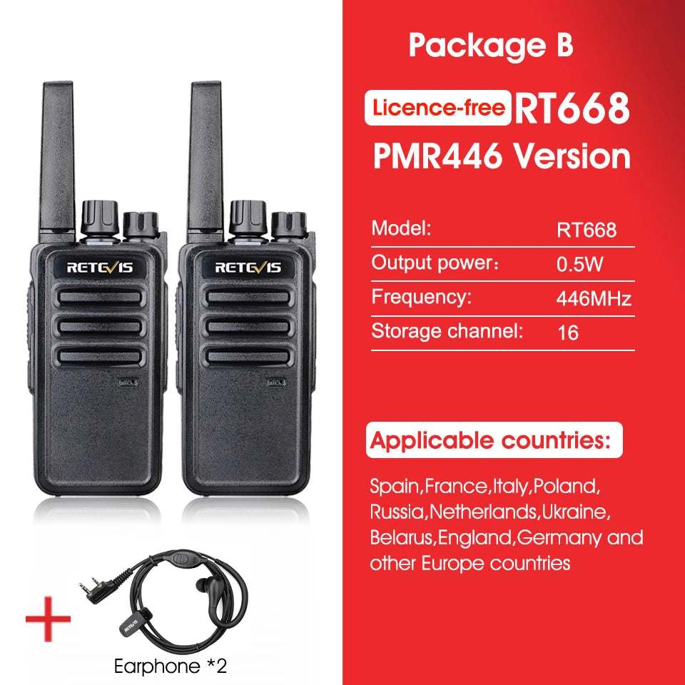 Retevis RT668 2pcs Walkie Talkies License-Free Two Way Radio 12H battery life Noise reduction Portable PMR446 Radio for Business