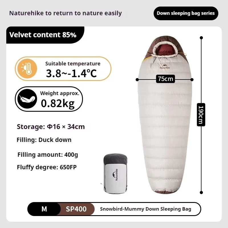 Naturehike Snowbird Duck Down Sleeping Bag Mummy 650FP Ultralight Outdoor Camping Thickened Warm Winter Adults Sleeping Bag-20°C