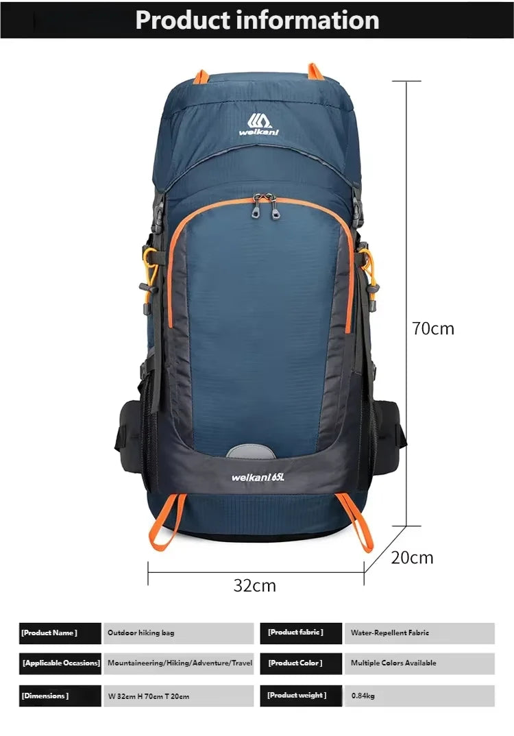 65L Waterproof Hiking Backpack with Free Rain Cover Large Capacity Outdoor Travel Daypack For Camping Climbing Mountaineering
