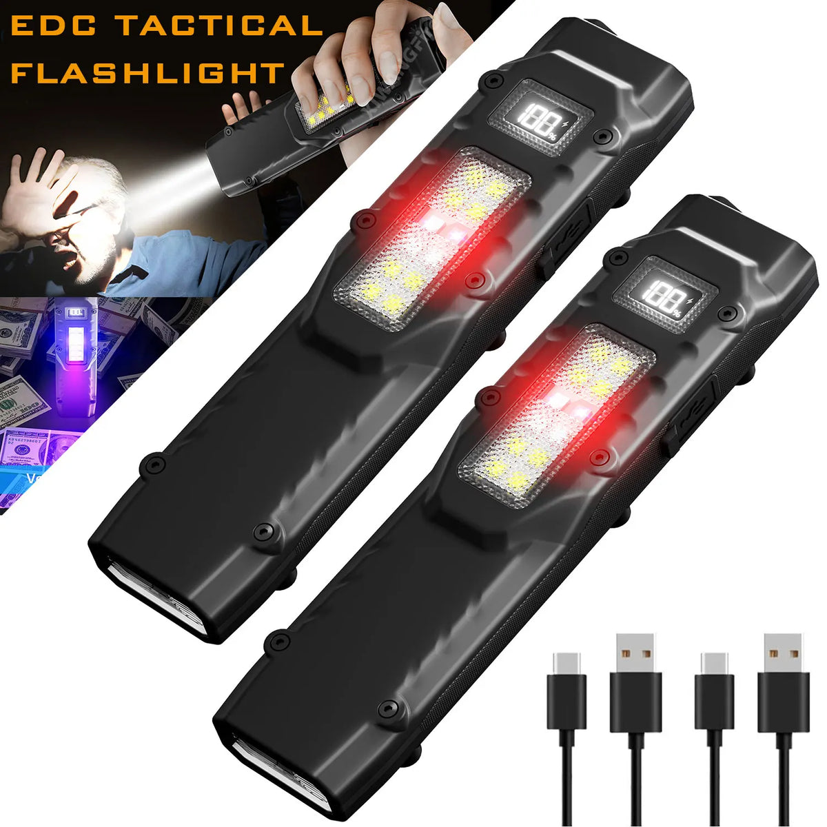 EDC Tactical Flashlight,1500 Lumen Flat Flashlights Rechargeable,Dual-Switches LED UV Flashlight with Digital Display,Stainless