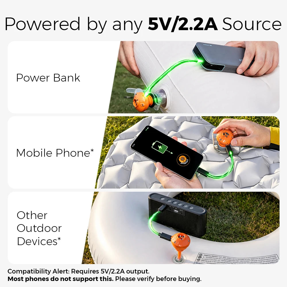 22g Mini Air Pump for Sleeping Pad & Inflatables, 4.2kPa 350L/min High Speed, USB-C Powered Air Mattress Pump for Swimming Rings