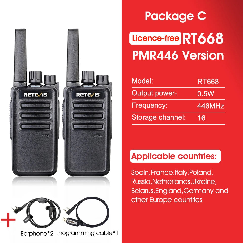 Retevis RT668 2pcs Walkie Talkies License-Free Two Way Radio 12H battery life Noise reduction Portable PMR446 Radio for Business