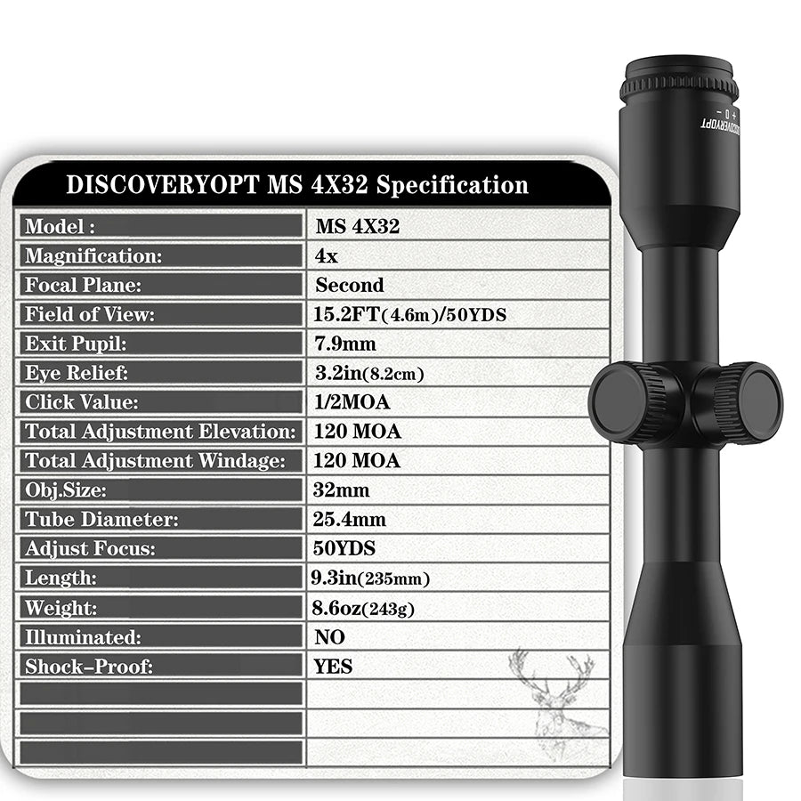 Discovery MS 4X32 Super Anti-shock Spring Riflescope Hunting Tactical Scopes Red Green Illuminated Outdoor Shooting Optics Sight