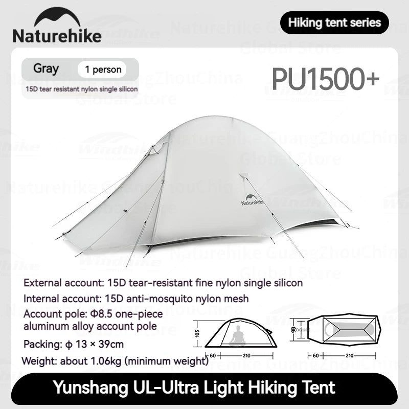 Naturehike Cloud Up UL Tent Ultralight 1-2 Person 15D Nylon Waterproof Camping Single Double Backpacking Hiking Tent with Mat