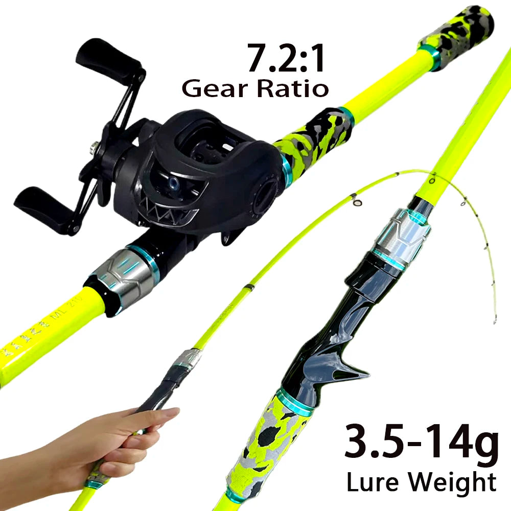 1.8m/2.1m Professional Bass Fishing Rod and Reel Combo Baitcast Reel 10kg Max Drag Carbon Travel Pole Lure Weight 3.5g-14g