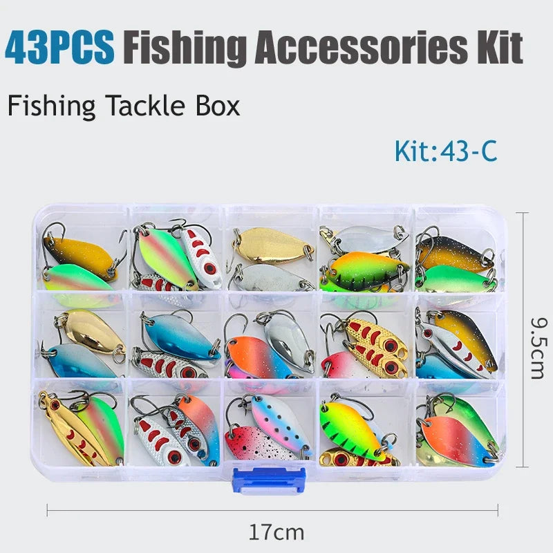 43PCS Professional Multi-Color Sequined Metal Lure Set,with Single Hook Artificial Trout Spinner Lure Fishing Accessories