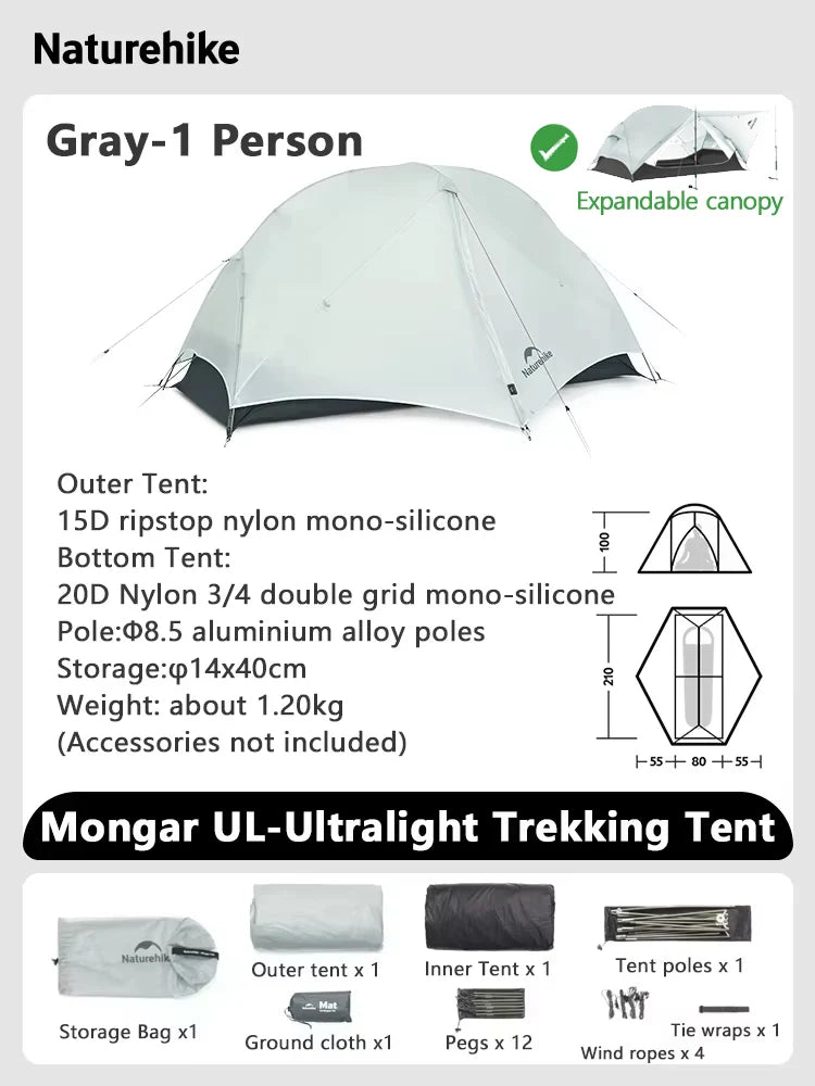 Naturehike Mongar 2 UL/PRO/Base Tent Camping 1-3 Person Tent Outdoor Travel 15D Waterproof Ultralight Backpacking Shelter Tent
