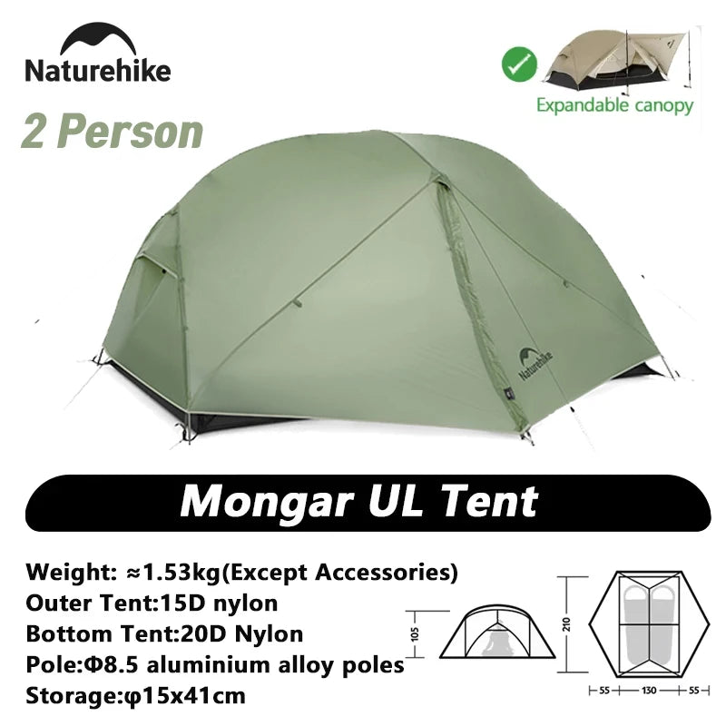 Naturehike Mongar 2 UL/PRO/Base Tent Camping 1-3 Person Tent Outdoor Travel 15D Waterproof Ultralight Backpacking Shelter Tent