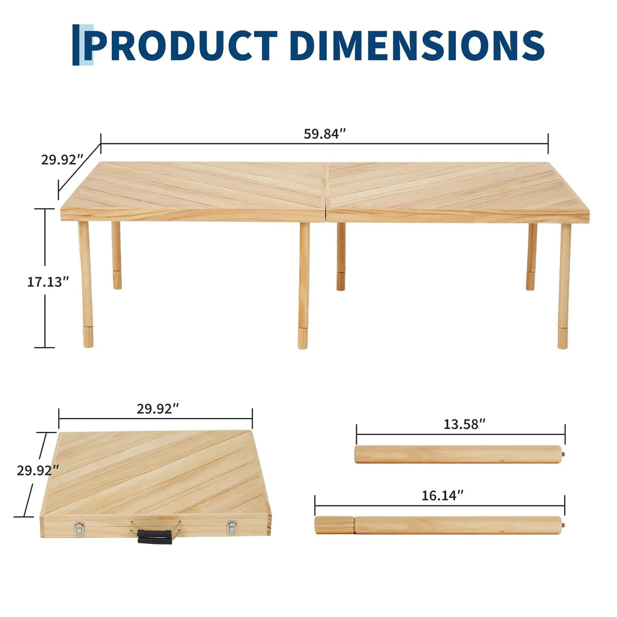 44/60in Solid Wood Folding Picnic Table, Adjustable Height Portable Low Table With Carry Handle, Compact Outdoor Camping Beach Table