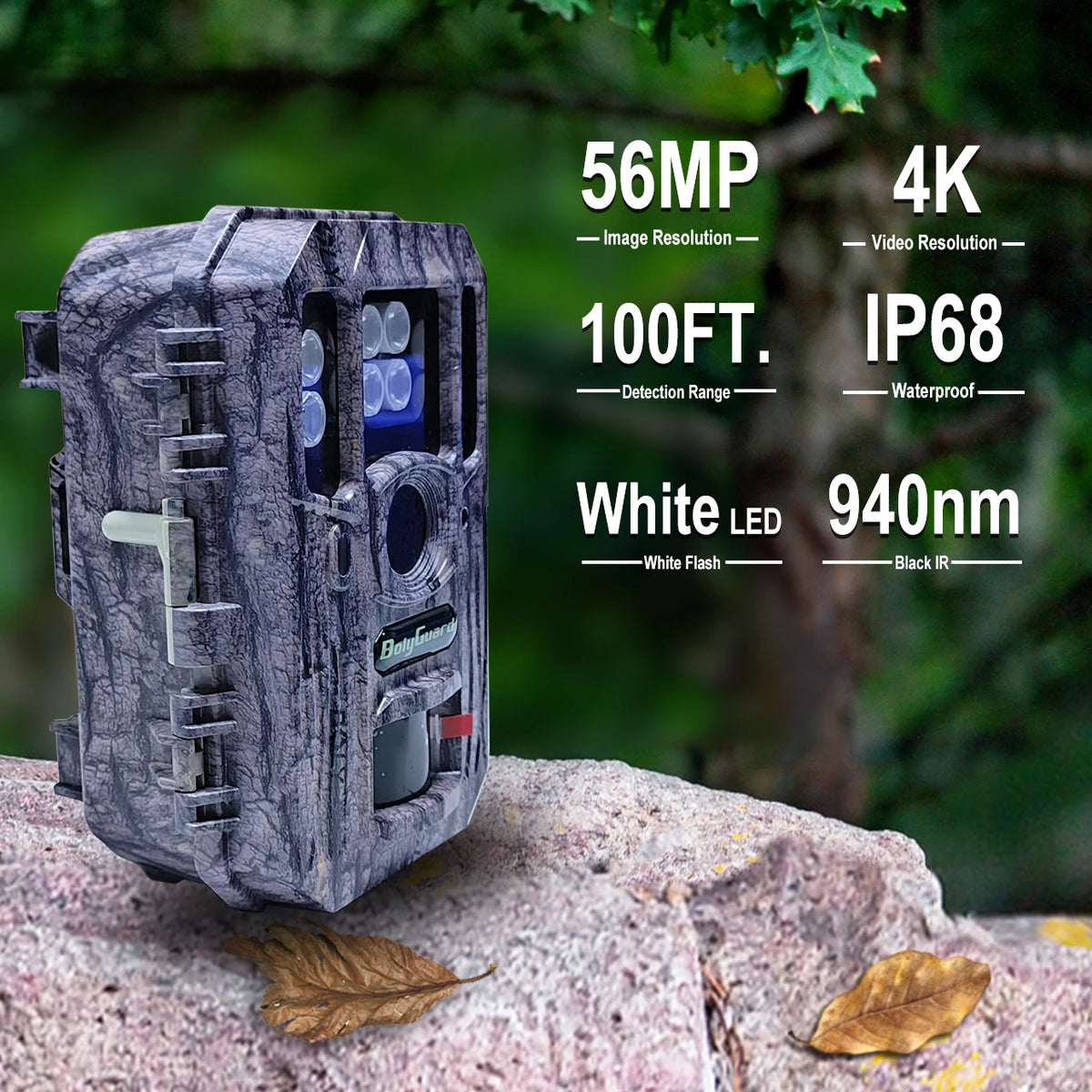 BolyGuard BG662-HQ Trail Camera 940nm Night Vision Invisible 4K Video 56MP Wildlife Hunting Game Camera Portable IP68 Waterproof