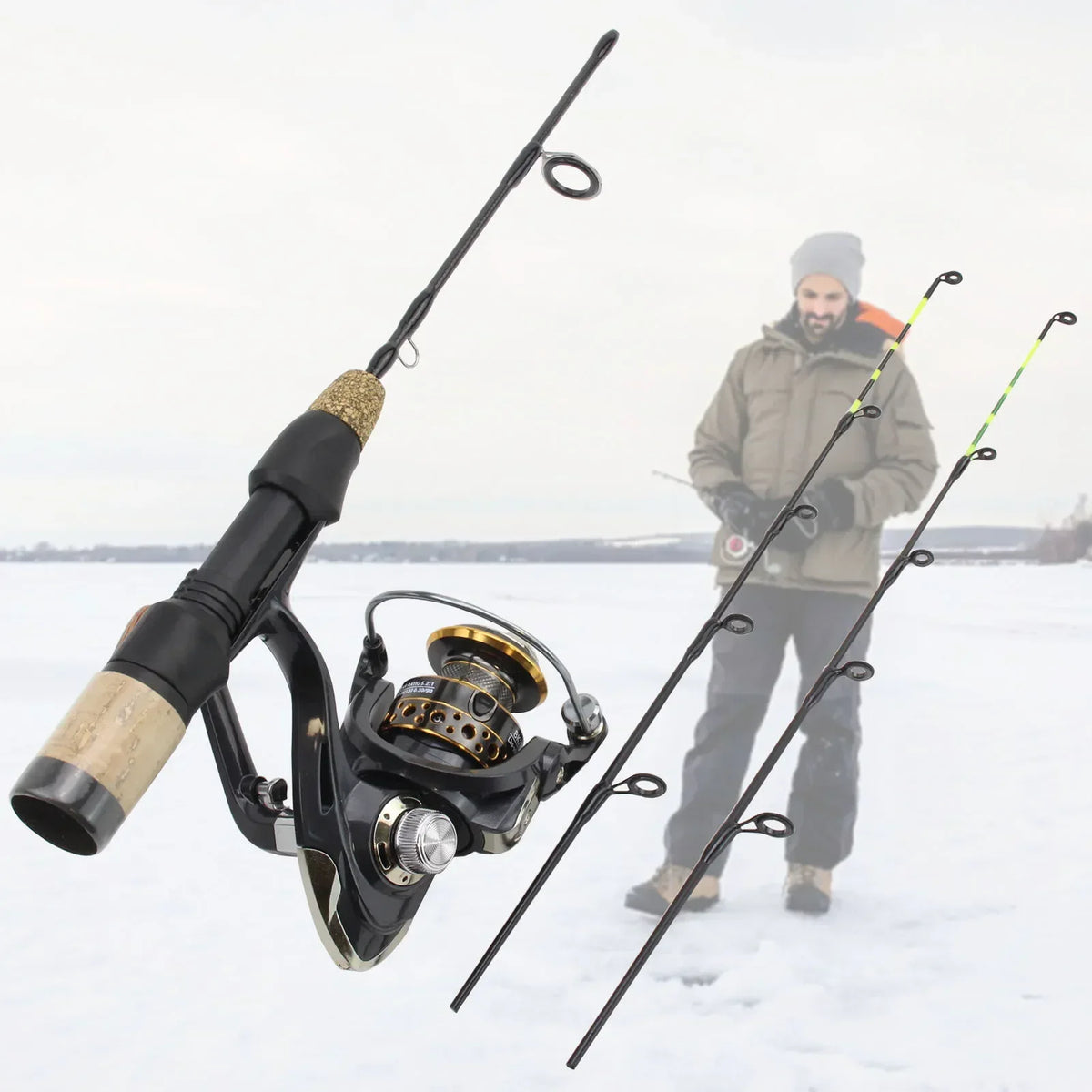 60cm Ice Fishing Rod With Reel Portable Light Folded Pole Carbon Fiber River Shrimp Fishing Pole Winter Fishing Tackle Set