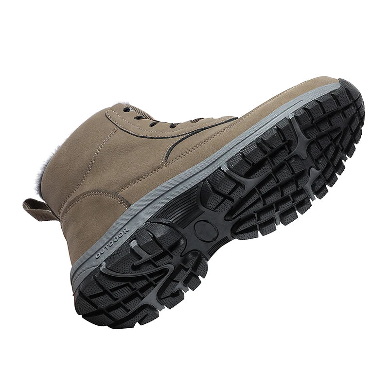 New Men's Hiking Boots Thickened Non-Slip Warm Flat High Top Boots Casual Winter Outdoor Leather Snow Boots Oversized Work Boots