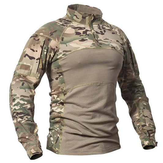 Men's Camouflage Hunting Combat T Shirt Stretch Cotton 1/4 Zipper Uniform Shirts Long Sleeve Camo Shirt