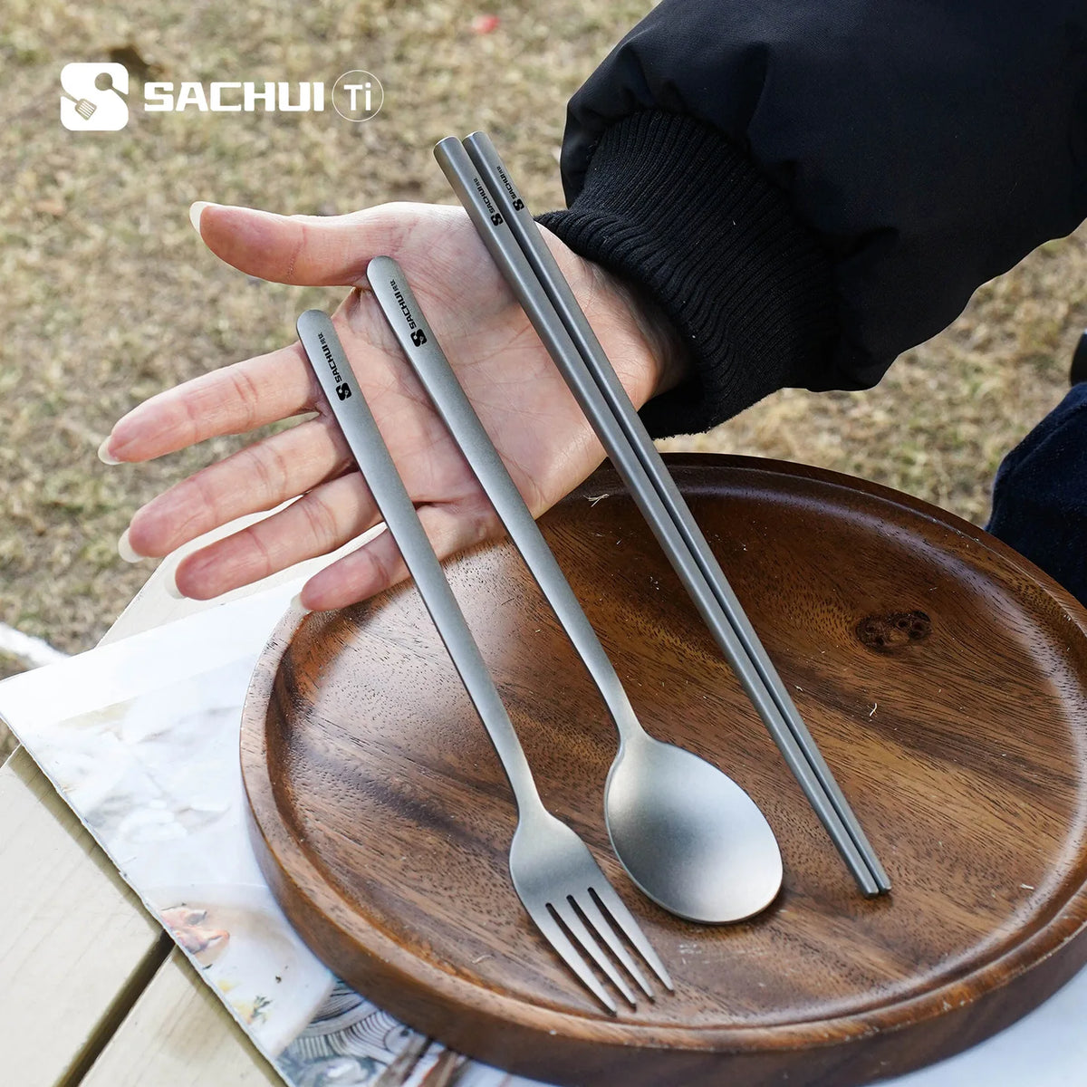 Titanium Camping Cutlery Set Long Handle Spoon Fork Chopsticks Uncoated Portable Lightweight Outdoor Travel Metal Tableware