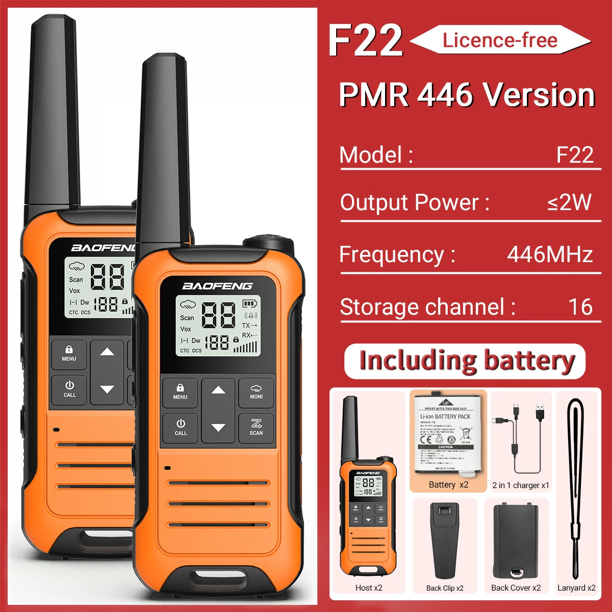 2pcs Baofeng F22/T22 Mini Walkie Talkie PMR Long Range Rechargable Portable Two Way Radio Type-C Charger VOX for Camping Trip