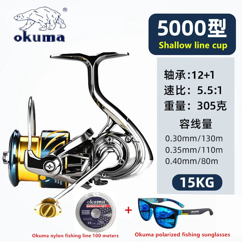 Okuma All Metal Fishing Reel 12+1BB15KG Max Drag Anti Seawater Rotating Reel 1000-5000