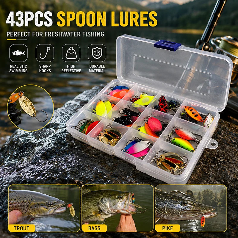 43PCS Professional Multi-Color Sequined Metal Lure Set,with Single Hook Artificial Trout Spinner Lure Fishing Accessories