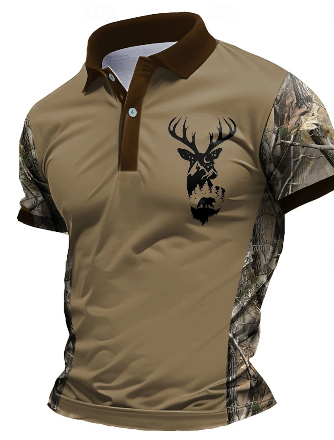Men's Casual Deer Head Print Short-Sleeved Buttoned Polo Shirt Spring Summer and Autumn Fashionable Polo Shirt Suitable for Goi