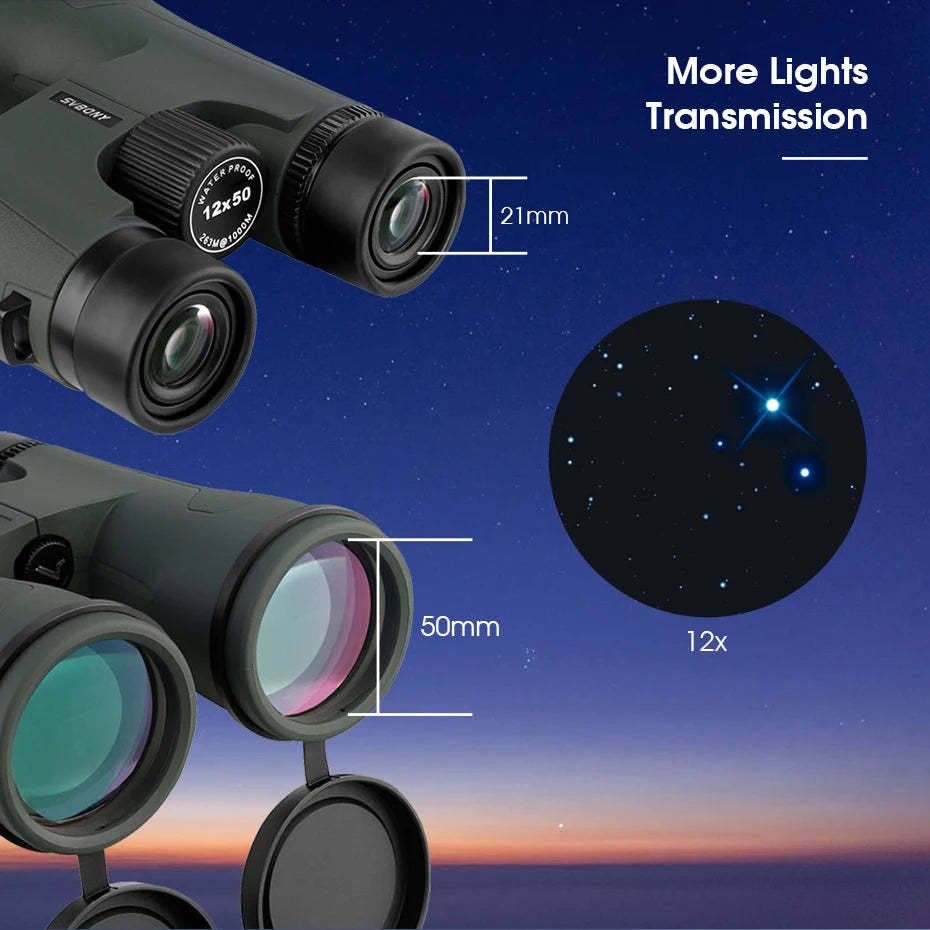 Svbony SA203 12x50 Binoculars  IPX7 PPS FMC Bak4 Portable Neckband Twist‑Up Eyecups for Outdoors Free Binocular Tripod Adapter