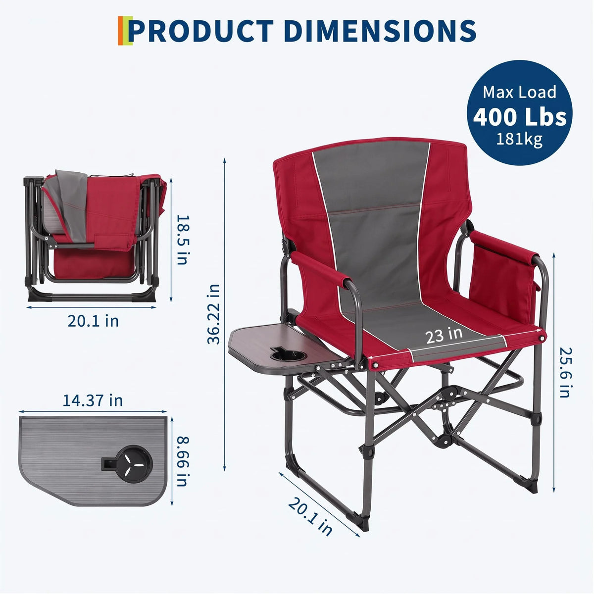 Oversized Camping Directors Chair, Portable Folding Lawn Chairs for Adults Heavy Duty with Side Table, Outdoor Foldable Camp Chair with Pocket ，400 Lbs Capacity Portable Camping Chair with Side Table, Cup Holder & Side Pock