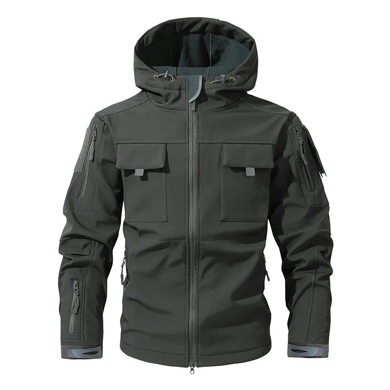Men's Silent Soft Shell Camouflage Tactical Jacket Waterproof Warm Fleece Hunting Jackets Outdoor Hiking Fishing Hooded Coat