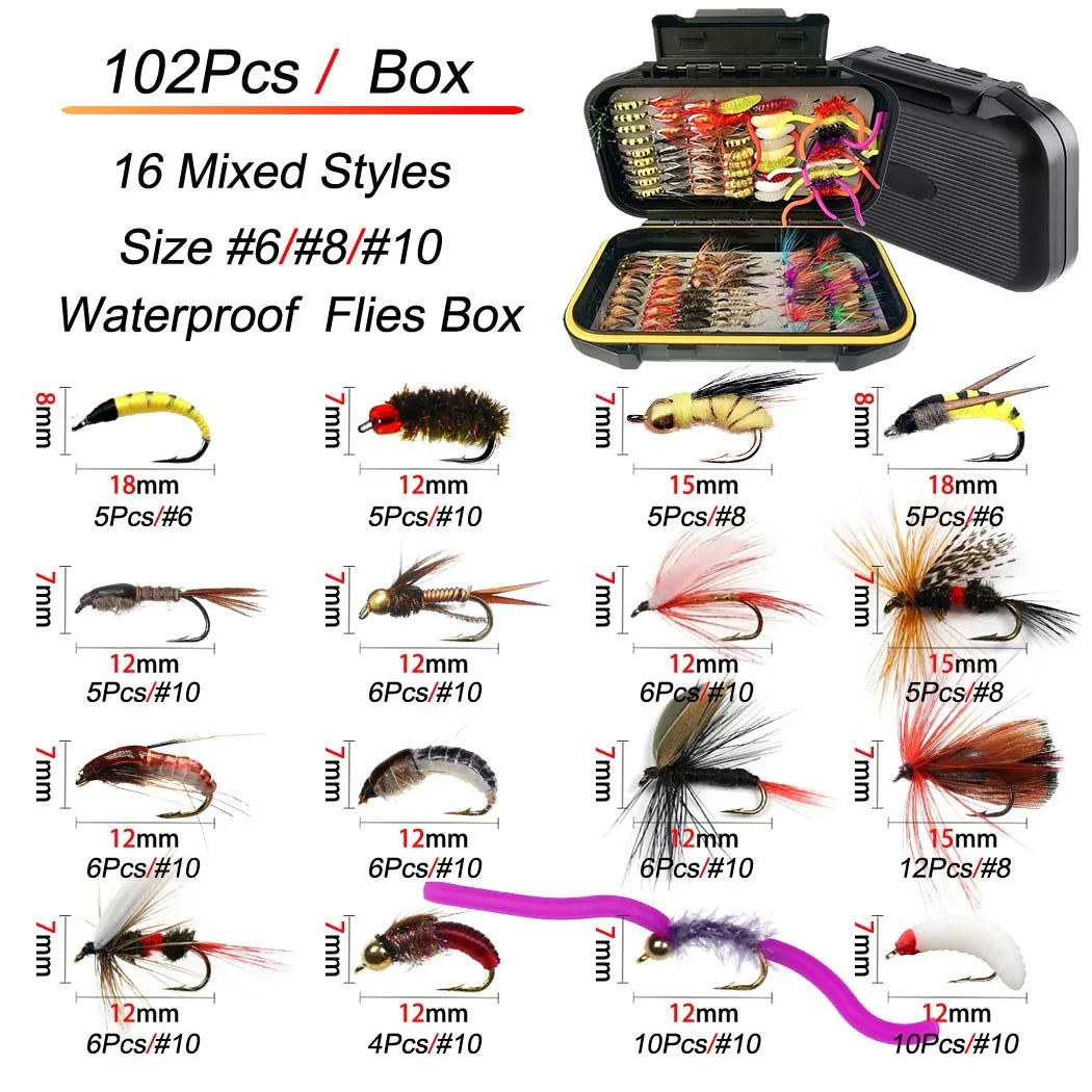 Fly Fishing Flies Kit Fly Assortment Trout Bass Fishing with Fly Box,24/30/40/54/84/102/114pcs with Dry/Wet Flies, Nymphs, Strea