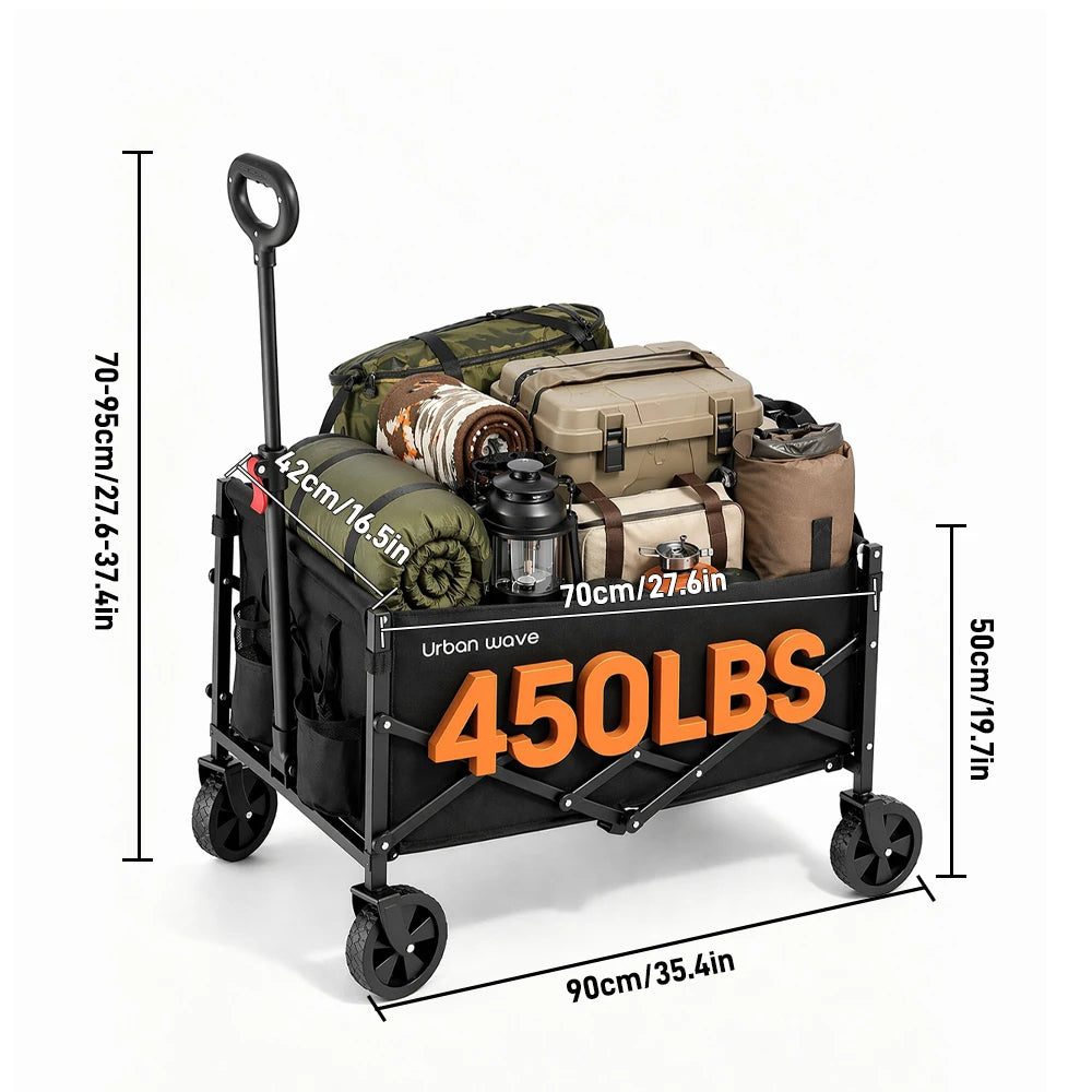URBANWAVE Lightweight Collapsible Wagon, 450lbsCapacity, Quick-Fold Cart Lightweight foldable wagon cartwith steel frame, tool-free setup and auto-reboundhandle for shopping and camping.