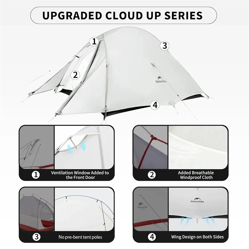 Naturehike Cloud Up UL Tent Ultralight 1-2 Person 15D Nylon Waterproof Camping Single Double Backpacking Hiking Tent with Mat