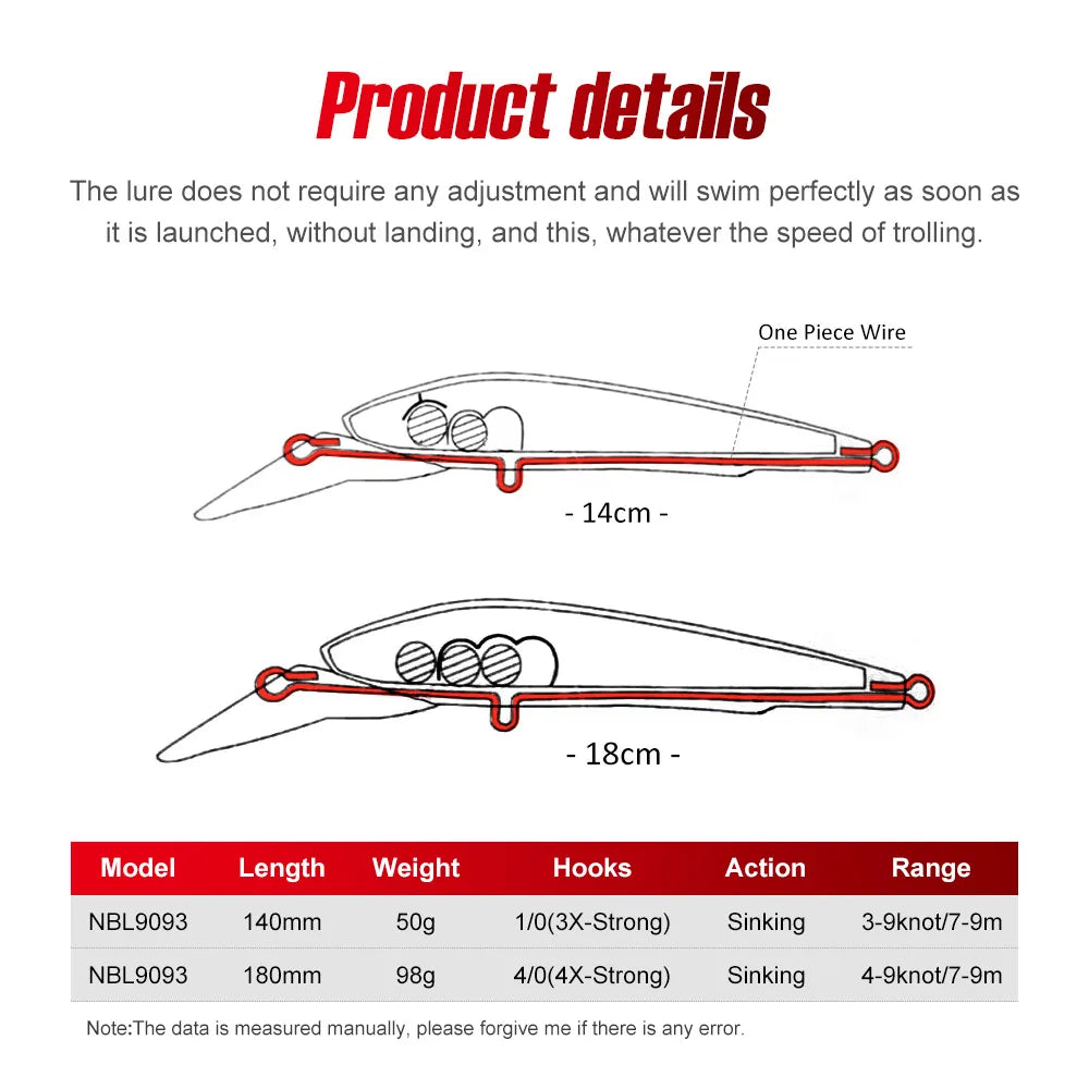 NOEBY Offshore Trolling Minnow 14cm 50g 18cm 98g Sinking Hard Bait Saltwater Boat Lure Big Game Tuna Fishing