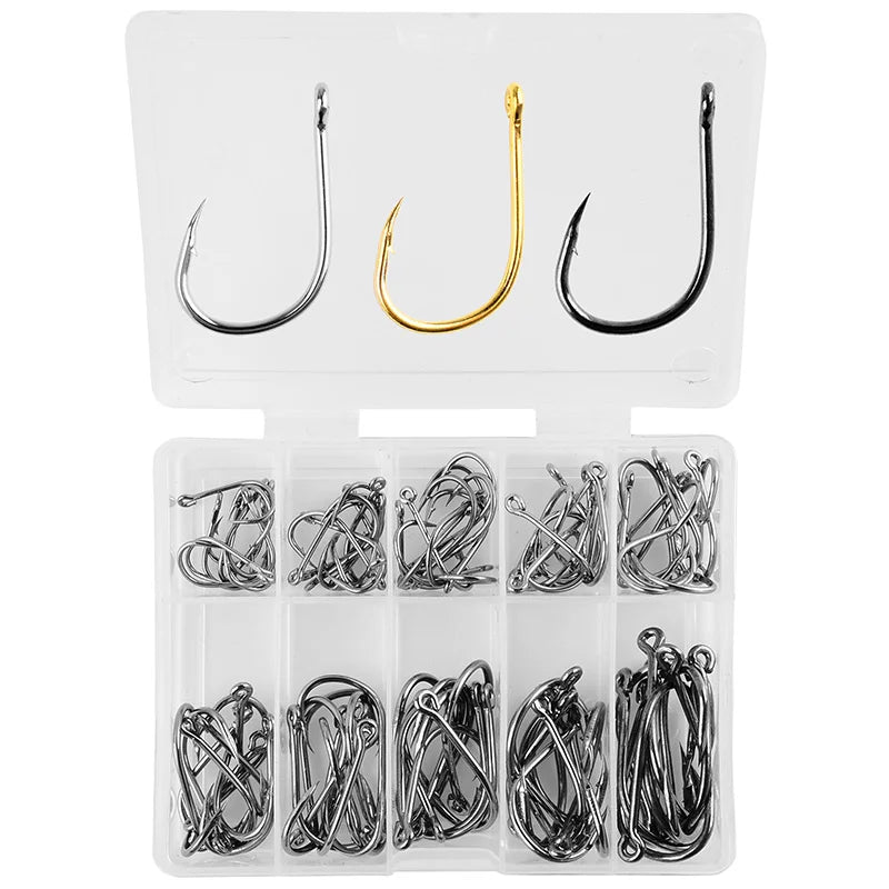 100-300PCS Fishing Hooks Set Box 10 Series High Carbon Steel Single Circle Fishing Hook Fly Fishing Jip Barbed Carp Hooks Tools