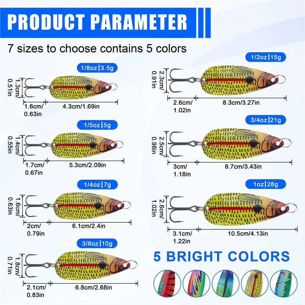 5pcs Spoon Fishing lures Trolling spoon metal jig Spinner bait Casting Lure for Bass Salmon Grouper Jigging Lure with Tackle Box