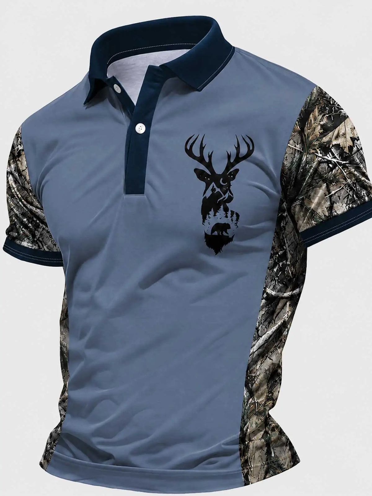 Men's Casual Deer Head Print Short-Sleeved Buttoned Polo Shirt Spring Summer and Autumn Fashionable Polo Shirt Suitable for Goi