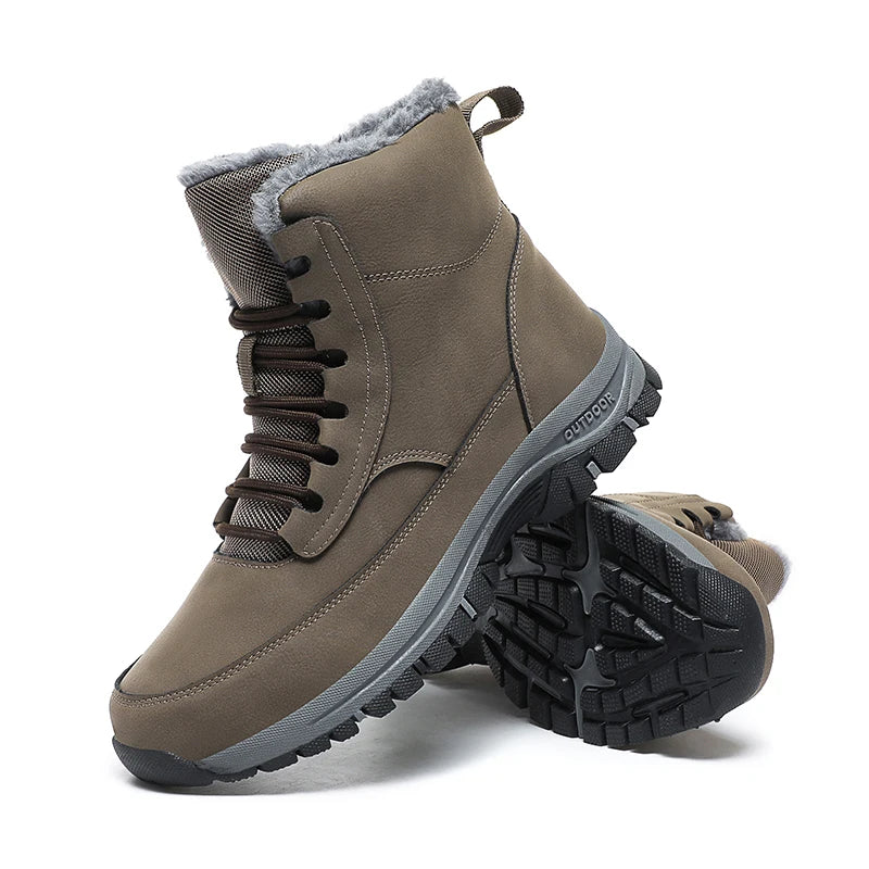 New Men's Hiking Boots Thickened Non-Slip Warm Flat High Top Boots Casual Winter Outdoor Leather Snow Boots Oversized Work Boots
