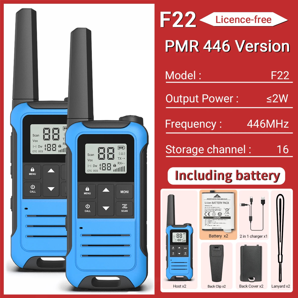 2pcs Baofeng F22/T22 Mini Walkie Talkie PMR Long Range Rechargable Portable Two Way Radio Type-C Charger VOX for Camping Trip