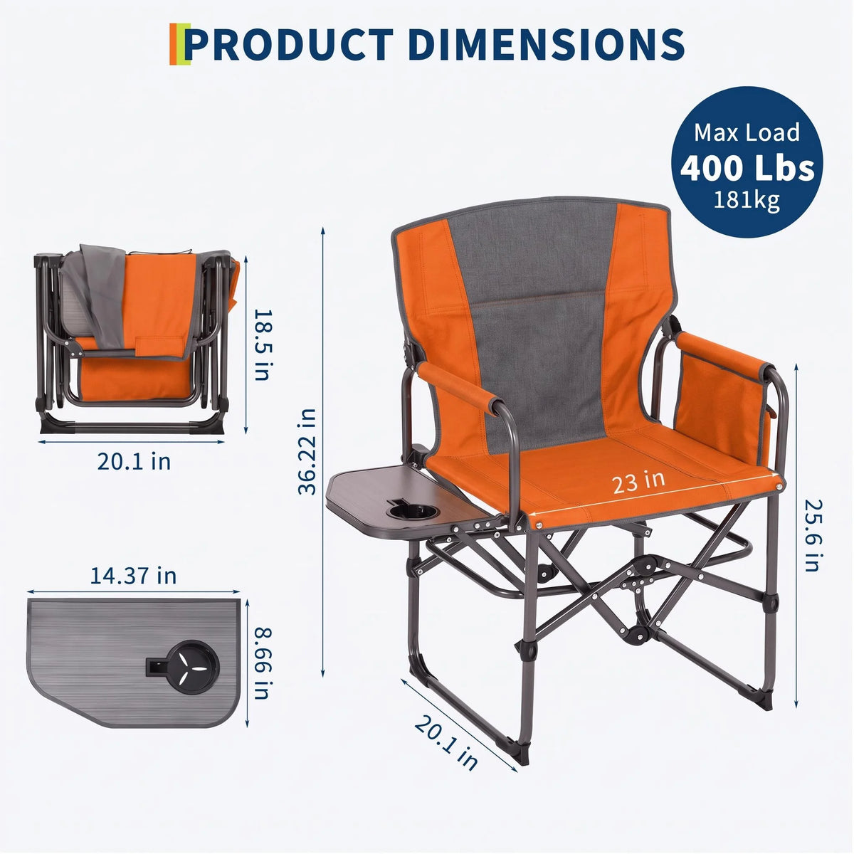 Oversized Camping Directors Chair, Portable Folding Lawn Chairs for Adults Heavy Duty with Side Table, Outdoor Foldable Camp Chair with Pocket ，400 Lbs Capacity Portable Camping Chair with Side Table, Cup Holder & Side Pock