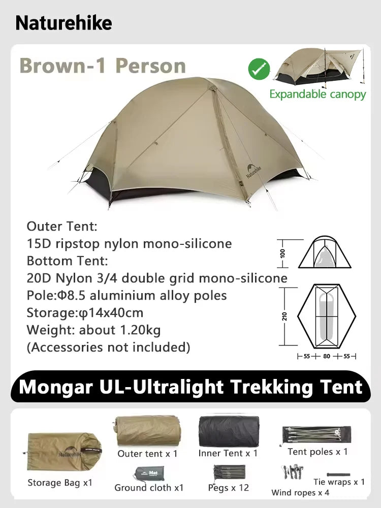 Naturehike Mongar 2 UL/PRO/Base Tent Camping 1-3 Person Tent Outdoor Travel 15D Waterproof Ultralight Backpacking Shelter Tent