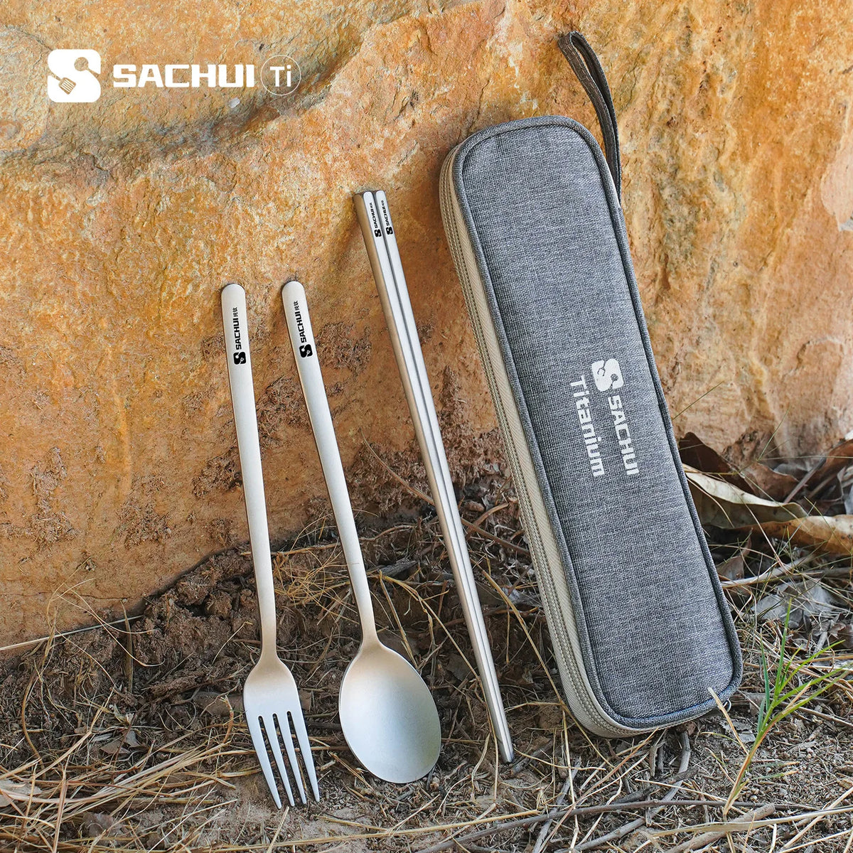 Titanium Camping Cutlery Set Long Handle Spoon Fork Chopsticks Uncoated Portable Lightweight Outdoor Travel Metal Tableware