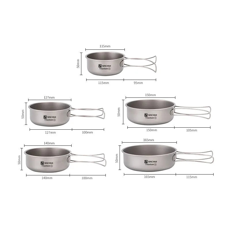Pure Titanium Pans Bowls Dishes Set With Folding Handle Outdoor Camping Portable Plates Wok Frying Pan Tableware 5 Packed