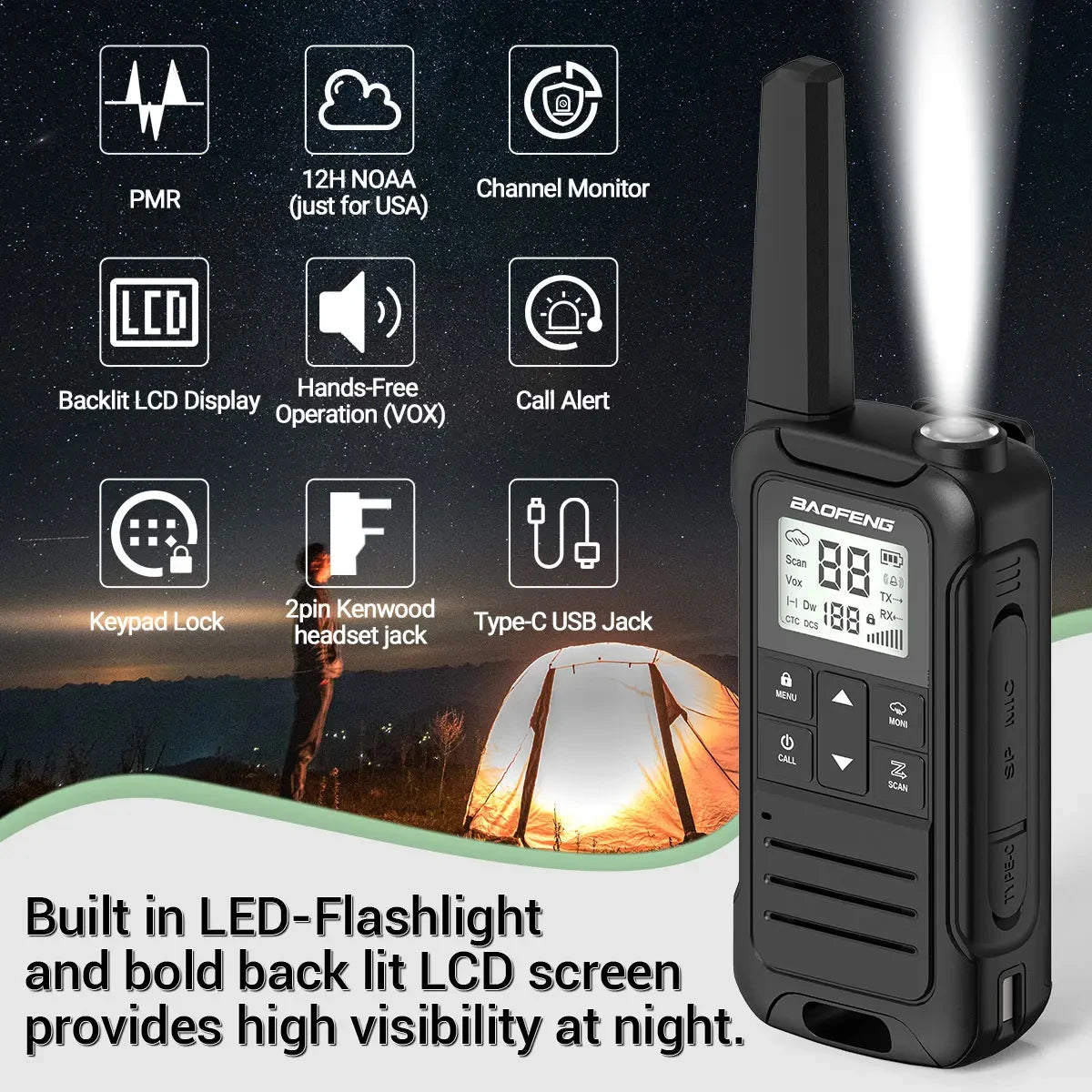 2pcs Baofeng F22/T22 Mini Walkie Talkie PMR Long Range Rechargable Portable Two Way Radio Type-C Charger VOX for Camping Trip