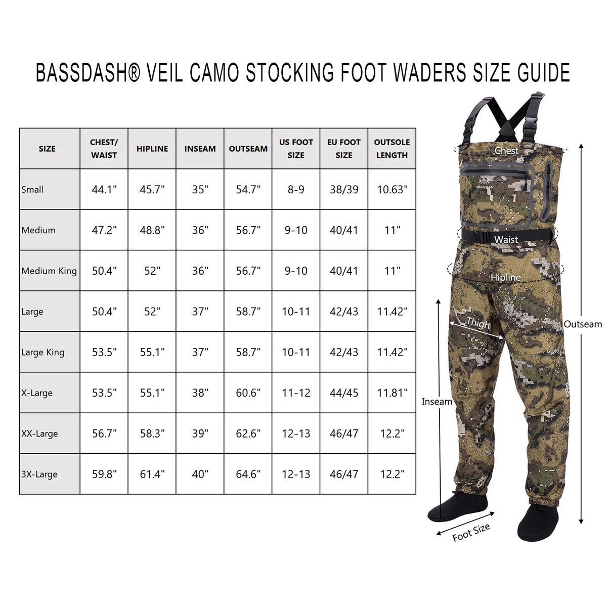 Bassdash Fishing Hunting Waders for Men Veil Camo Chest Stocking Foot Breathable and Ultra Lightweight